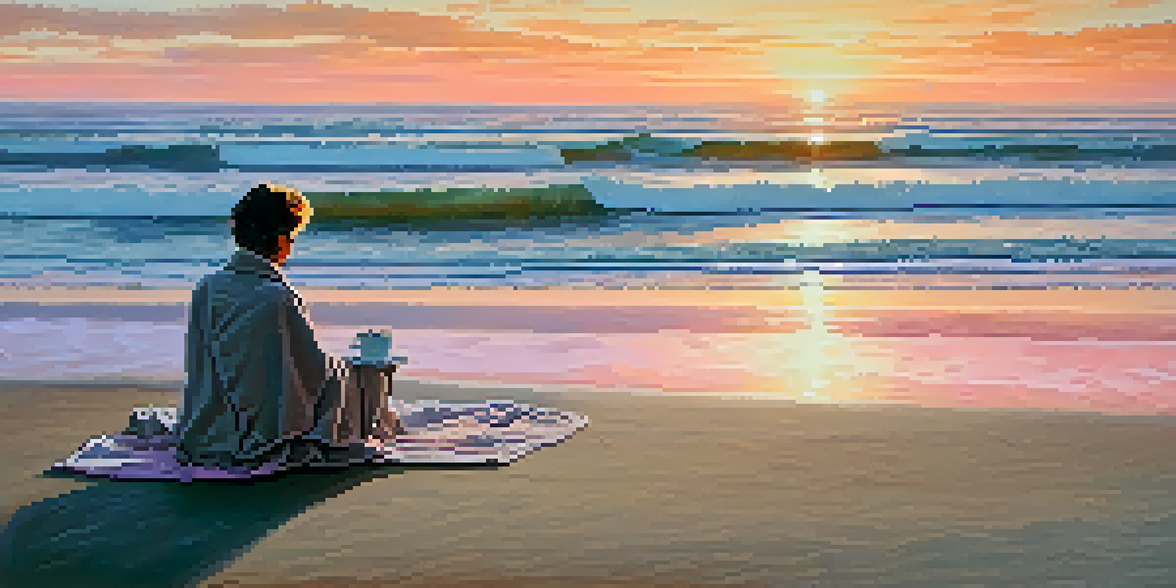 A peaceful sunrise at Carlsbad Beach with soft orange and pink colors in the sky, gentle waves on the sandy shore, and a person sitting with a blanket and coffee.