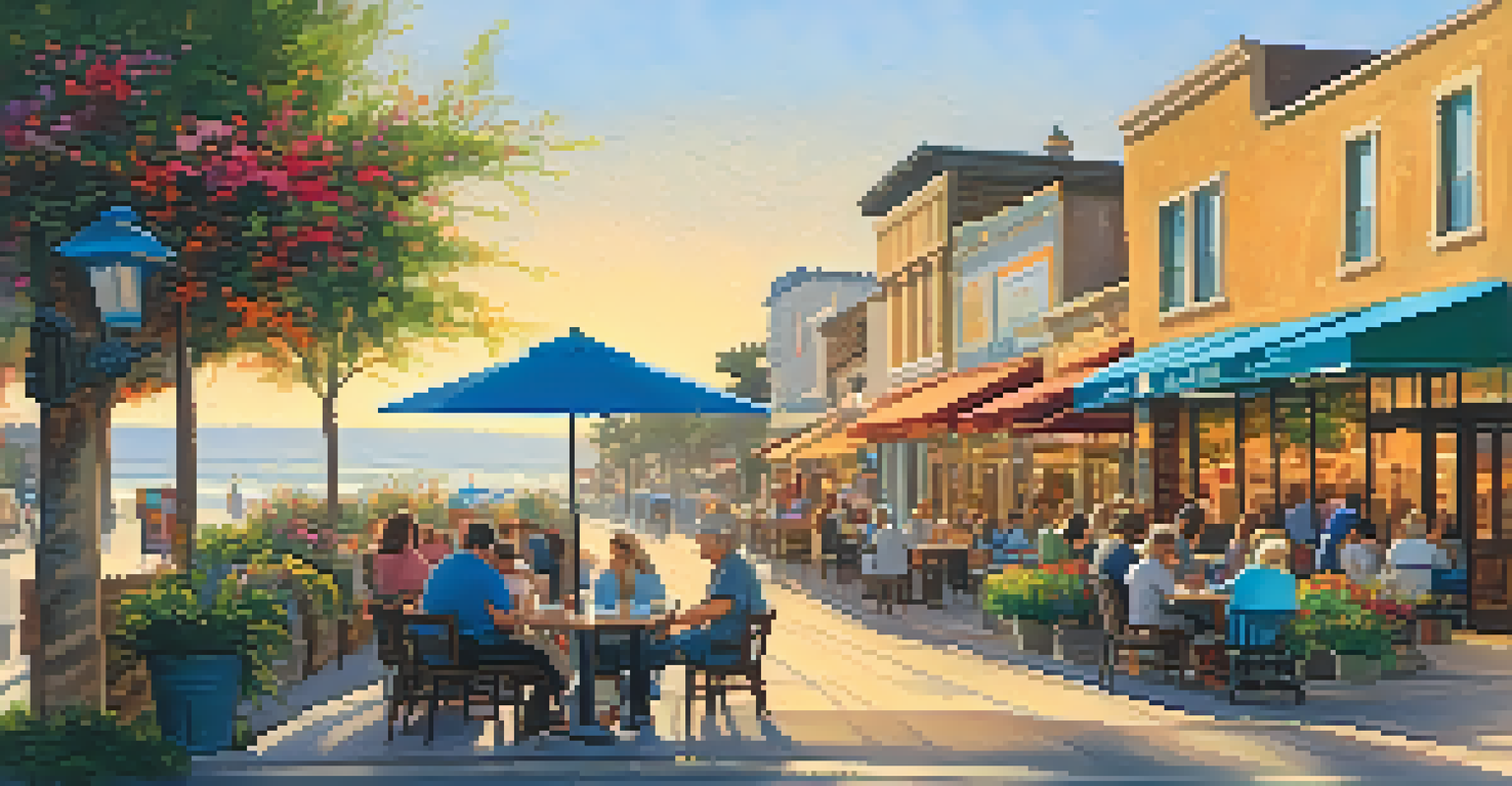 A charming street in Carlsbad filled with cafes and shops, with people enjoying coffee outdoors under the warm sun.