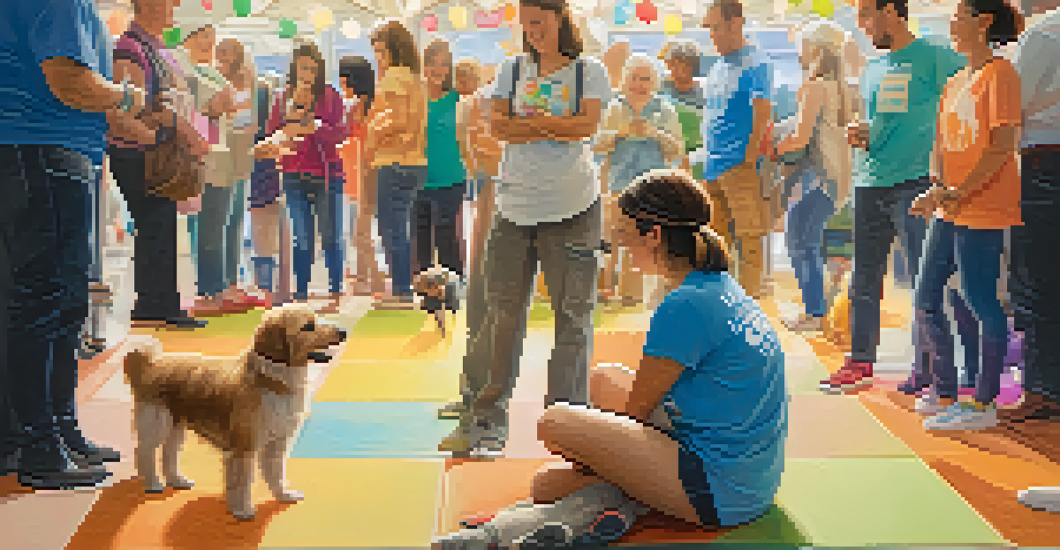 A volunteer smiling at a small dog at a pet adoption event, showcasing a heartwarming interaction.