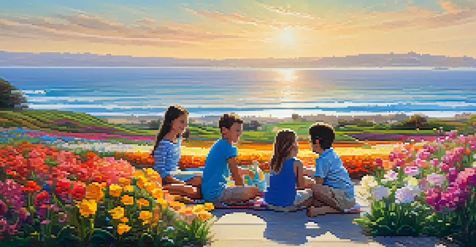 A joyful family having a picnic in the colorful Carlsbad Flower Fields, surrounded by blooming flowers and a view of the ocean.