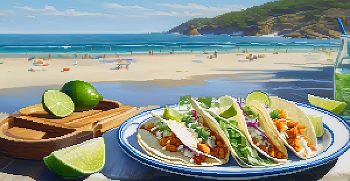 A plate of fresh fish tacos with lime and cabbage on a beach, with ocean waves in the background.