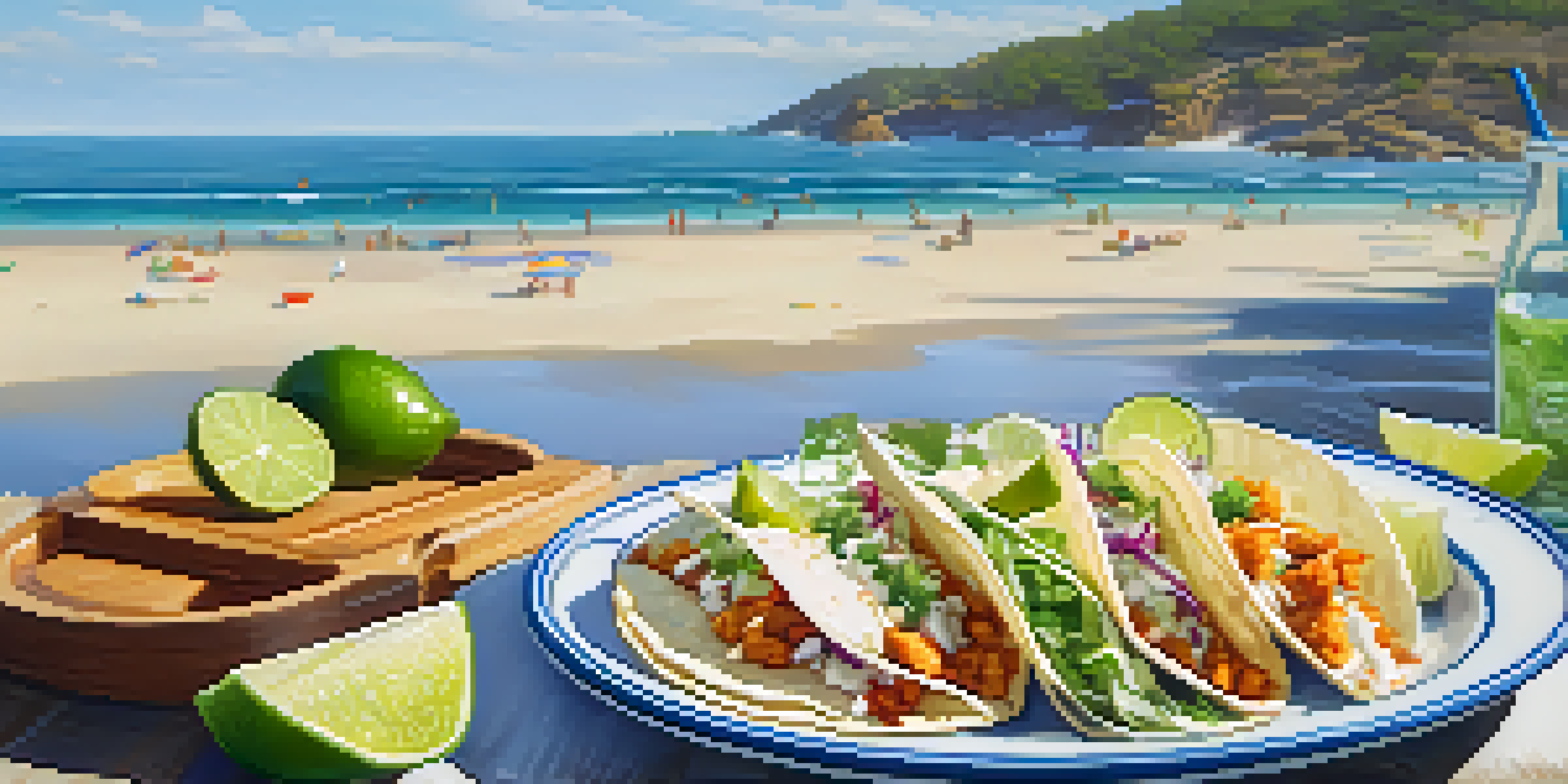 A plate of fresh fish tacos with lime and cabbage on a beach, with ocean waves in the background.