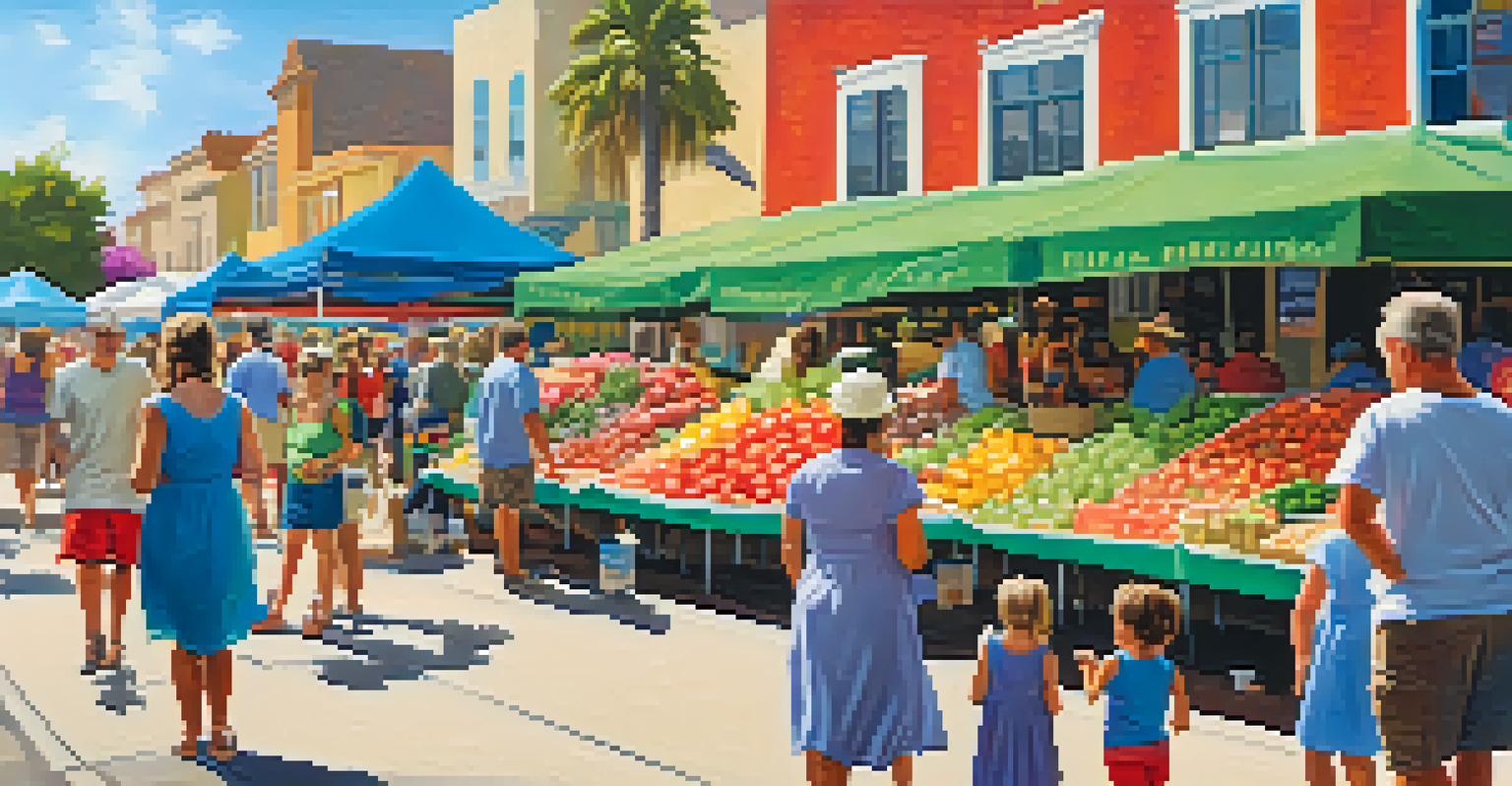 A lively farmers' market in Carlsbad Village with families enjoying fresh produce and engaging with vendors.