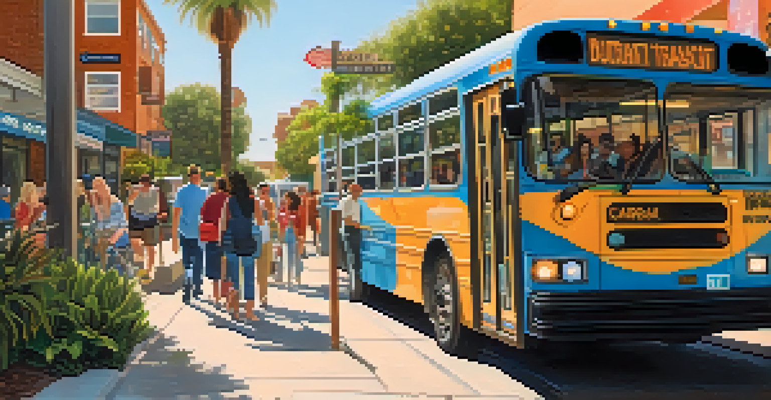 A busy public transit bus stop in Carlsbad with diverse people waiting for the Breeze bus, surrounded by local shops and greenery under soft afternoon light.
