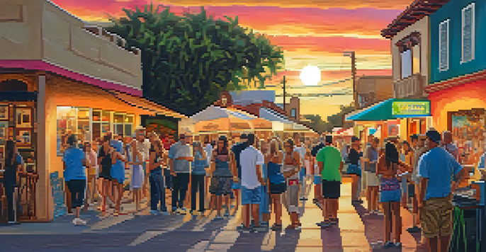 A lively street scene in Carlsbad's Barrio with colorful murals, local artists, musicians, and a sunset in the background.