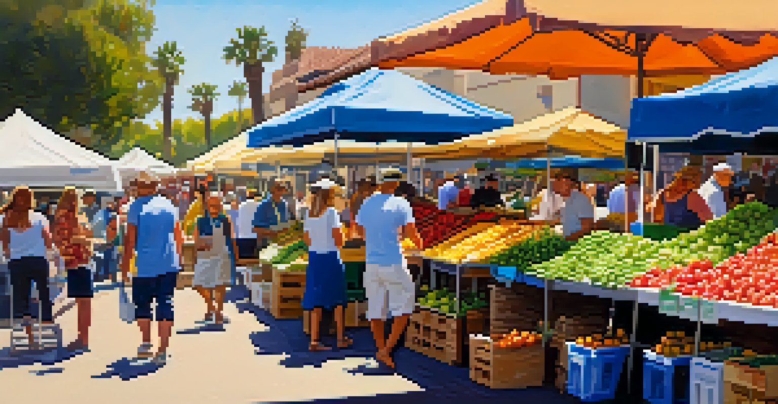 A lively farmers' market in Carlsbad, California, with colorful produce stalls and shoppers enjoying fresh fruits and vegetables.