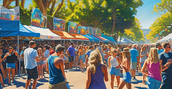 A lively outdoor music festival with a diverse crowd enjoying performances under a sunny sky.