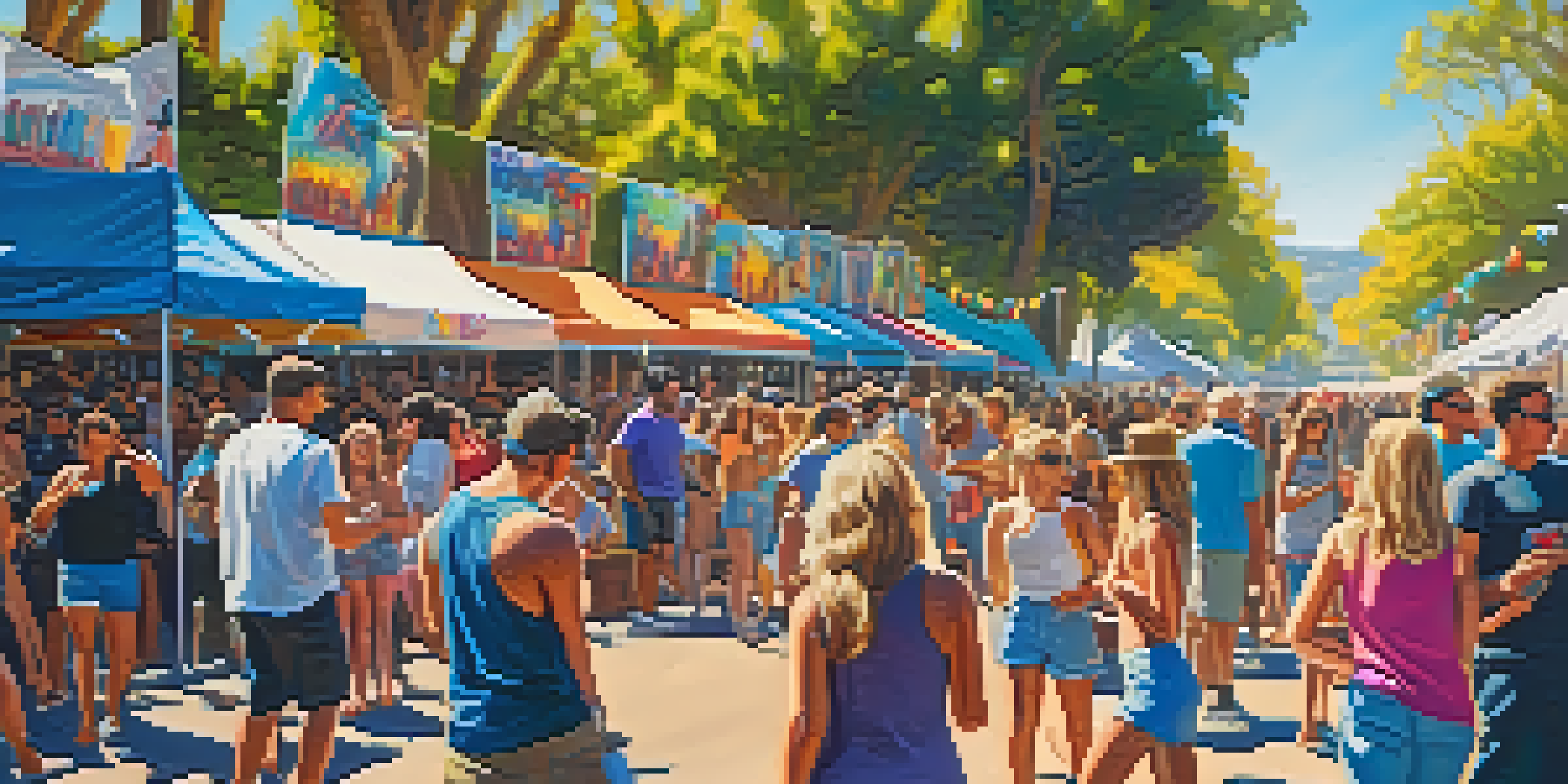 A lively outdoor music festival with a diverse crowd enjoying performances under a sunny sky.