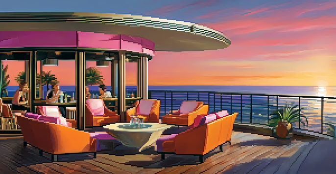 A rooftop bar overlooking the Pacific Ocean during sunset, with people enjoying drinks and a colorful sky.