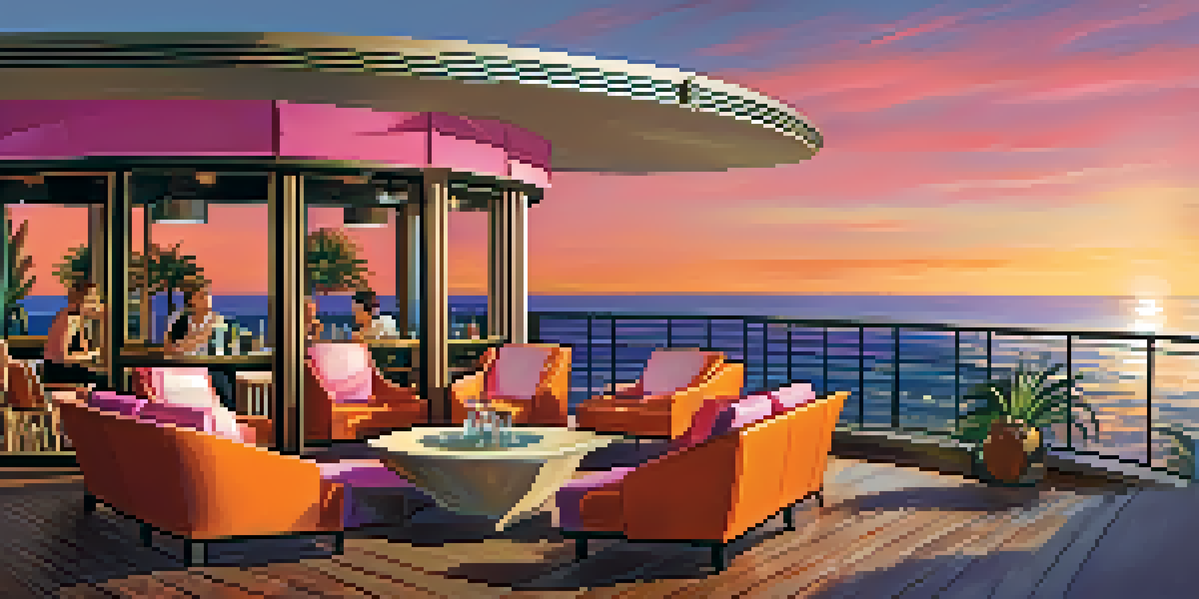 A rooftop bar overlooking the Pacific Ocean during sunset, with people enjoying drinks and a colorful sky.