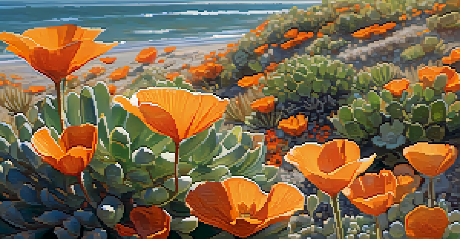Close-up of a flower bed with succulents and poppies, illuminated by the afternoon sun, with a coastal landscape in the background.