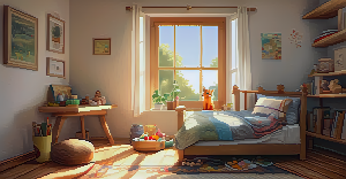 A sunny room with a pet bed, soft toys, and a curious cat peeking out.