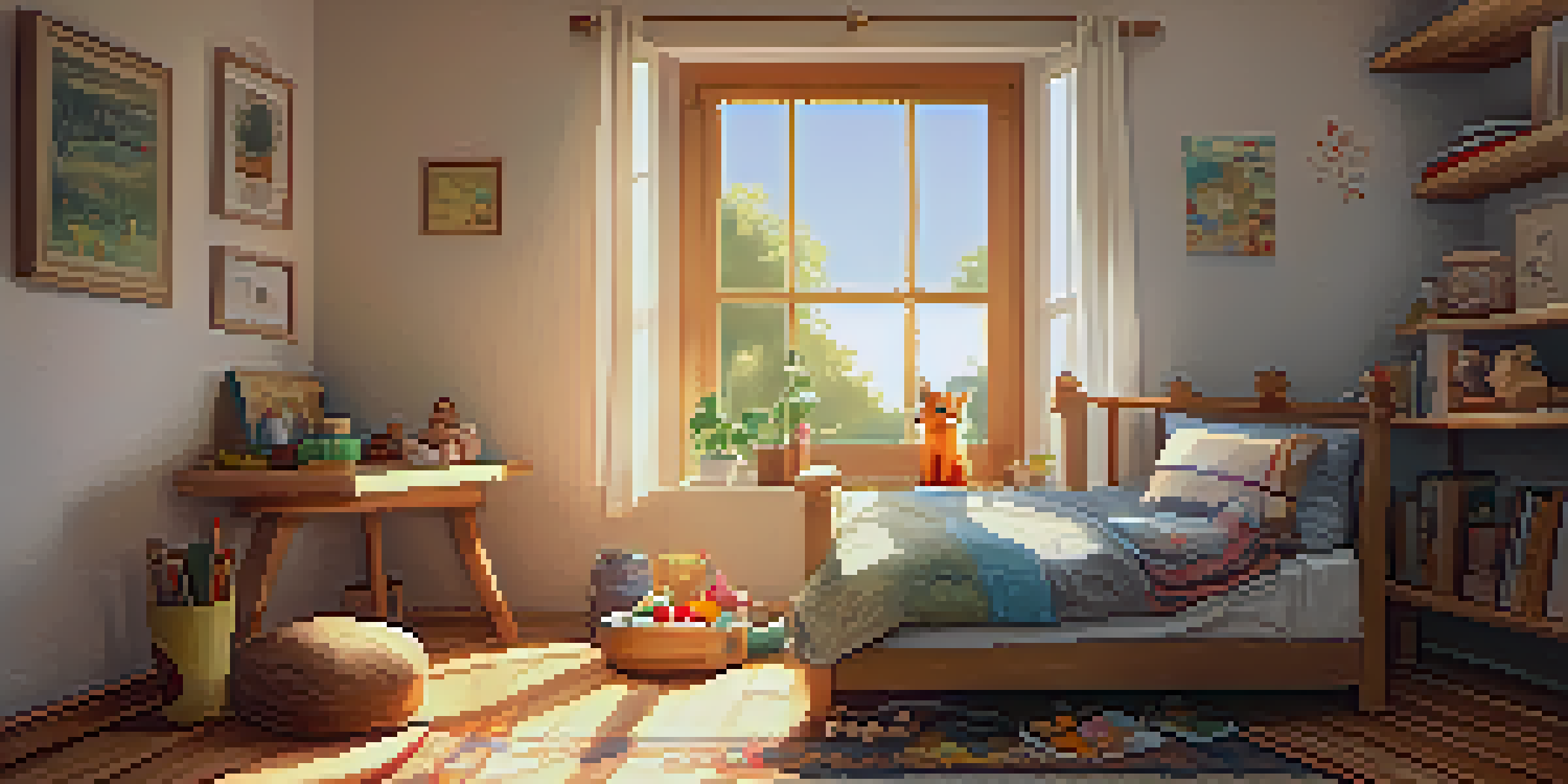 A sunny room with a pet bed, soft toys, and a curious cat peeking out.