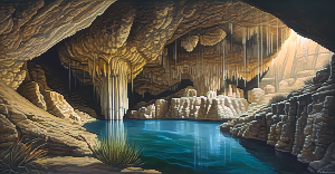 A view of the Carlsbad Caverns with limestone formations, soft lighting, and visitors admiring the scenery.