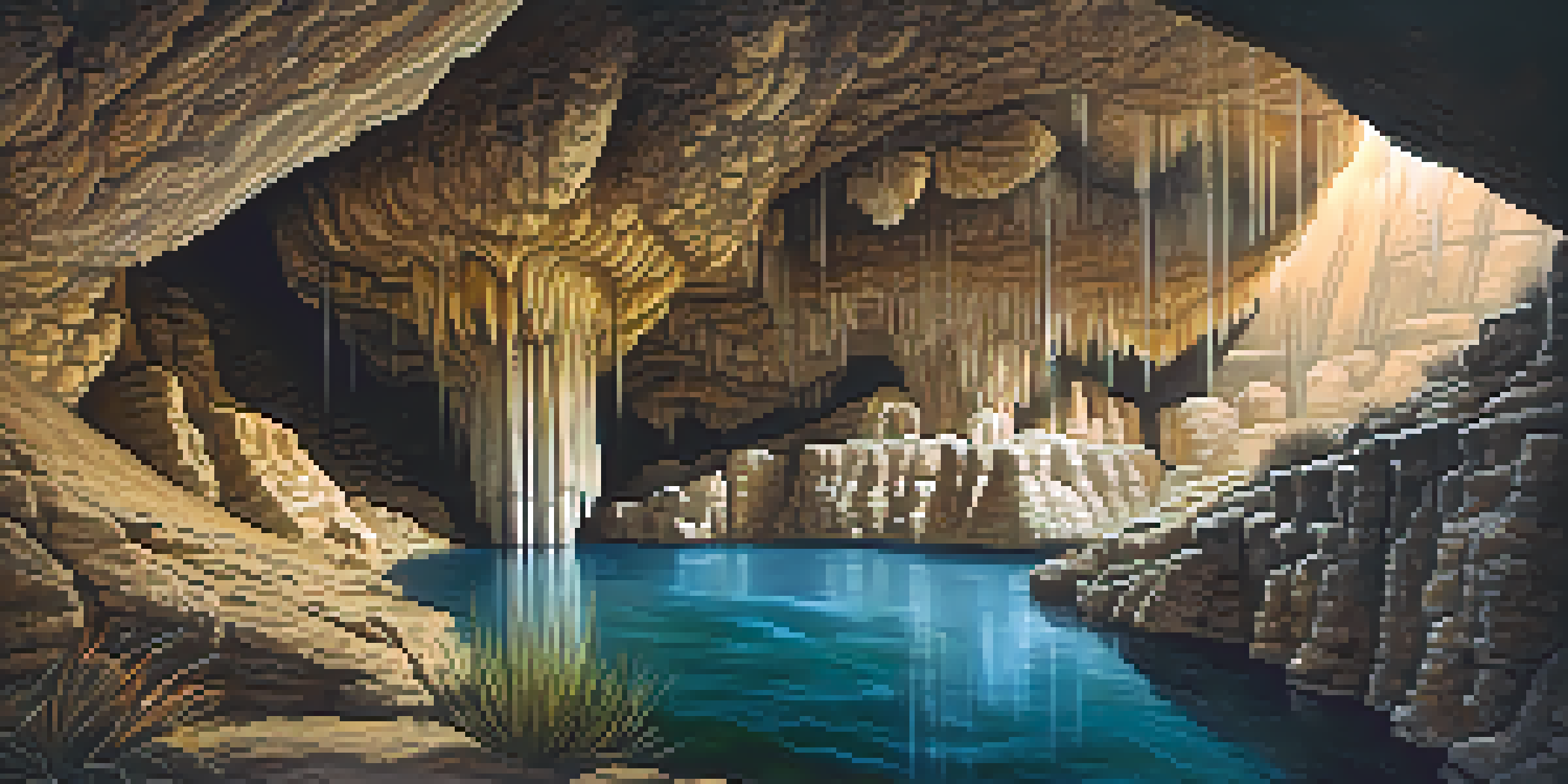 A view of the Carlsbad Caverns with limestone formations, soft lighting, and visitors admiring the scenery.