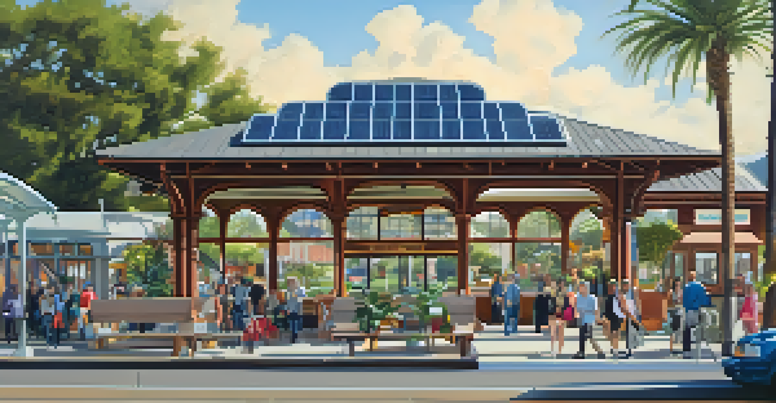 A modern Carlsbad Railroad station, combining historical and contemporary design with passengers boarding trains and eco-friendly features.