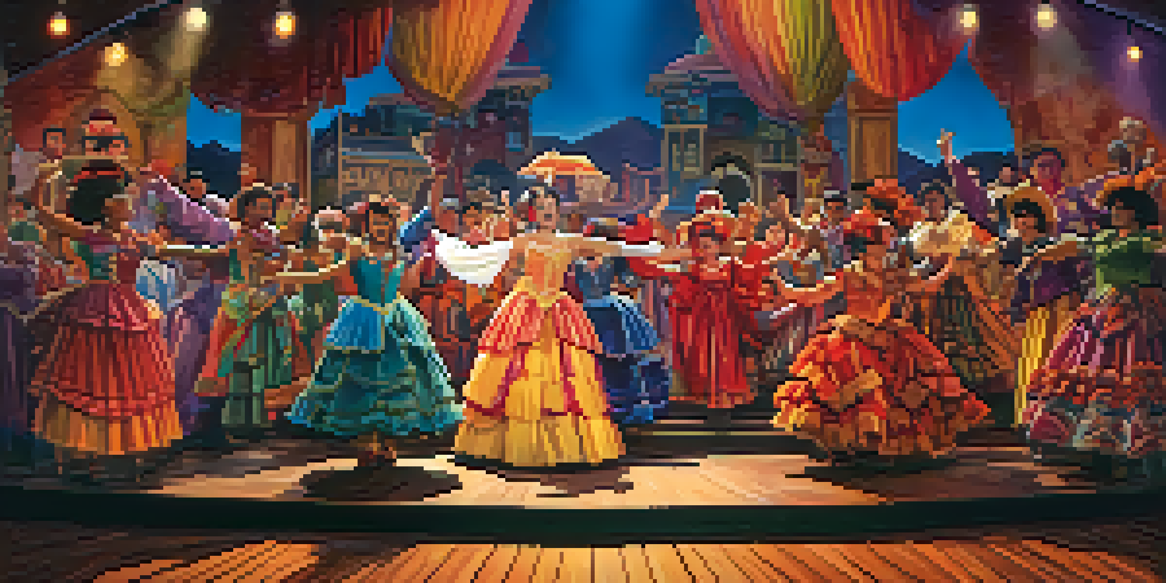 A lively community theater performance in Carlsbad, showcasing diverse actors in colorful costumes on stage with an engaged audience.