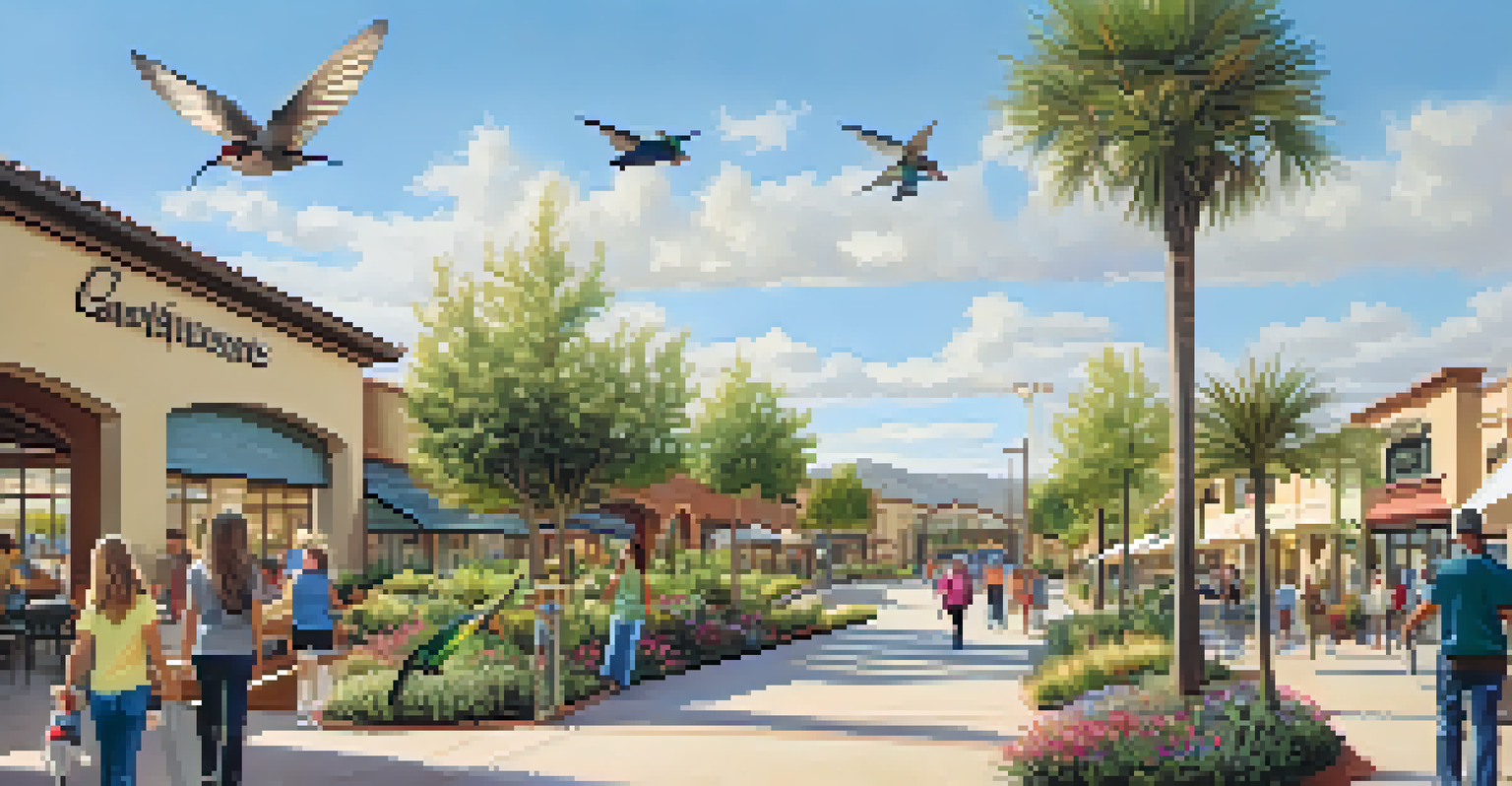 A nature trail near a shopping center with a family walking, surrounded by plants and birds like hummingbirds and finches.