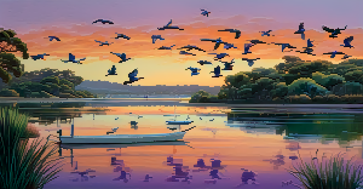 A sunset view of Batiquitos Lagoon with birds and lush greenery around.