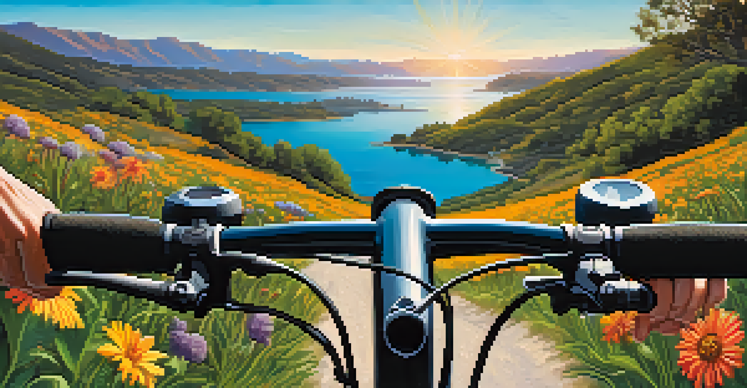 A cyclist's hands on bike handlebars with Calavera Lake in the background, surrounded by wildflowers.