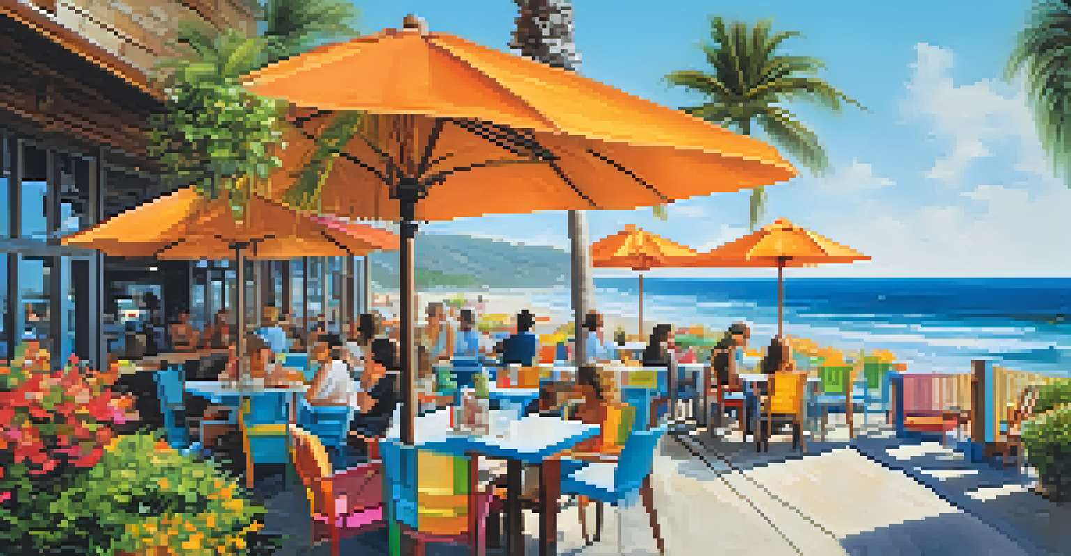 A vibrant café by the beach with outdoor seating and ocean views.