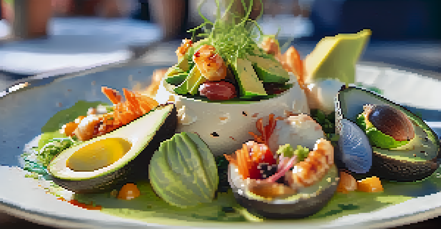 A close-up of a gourmet dish with fresh avocados and seafood, artistically plated with vibrant colors against a softly blurred festival background.