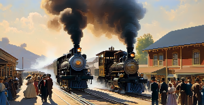 A historical scene of the Santa Fe Railroad arriving in Carlsbad, featuring a steam locomotive and townsfolk in period attire at a bustling train station.