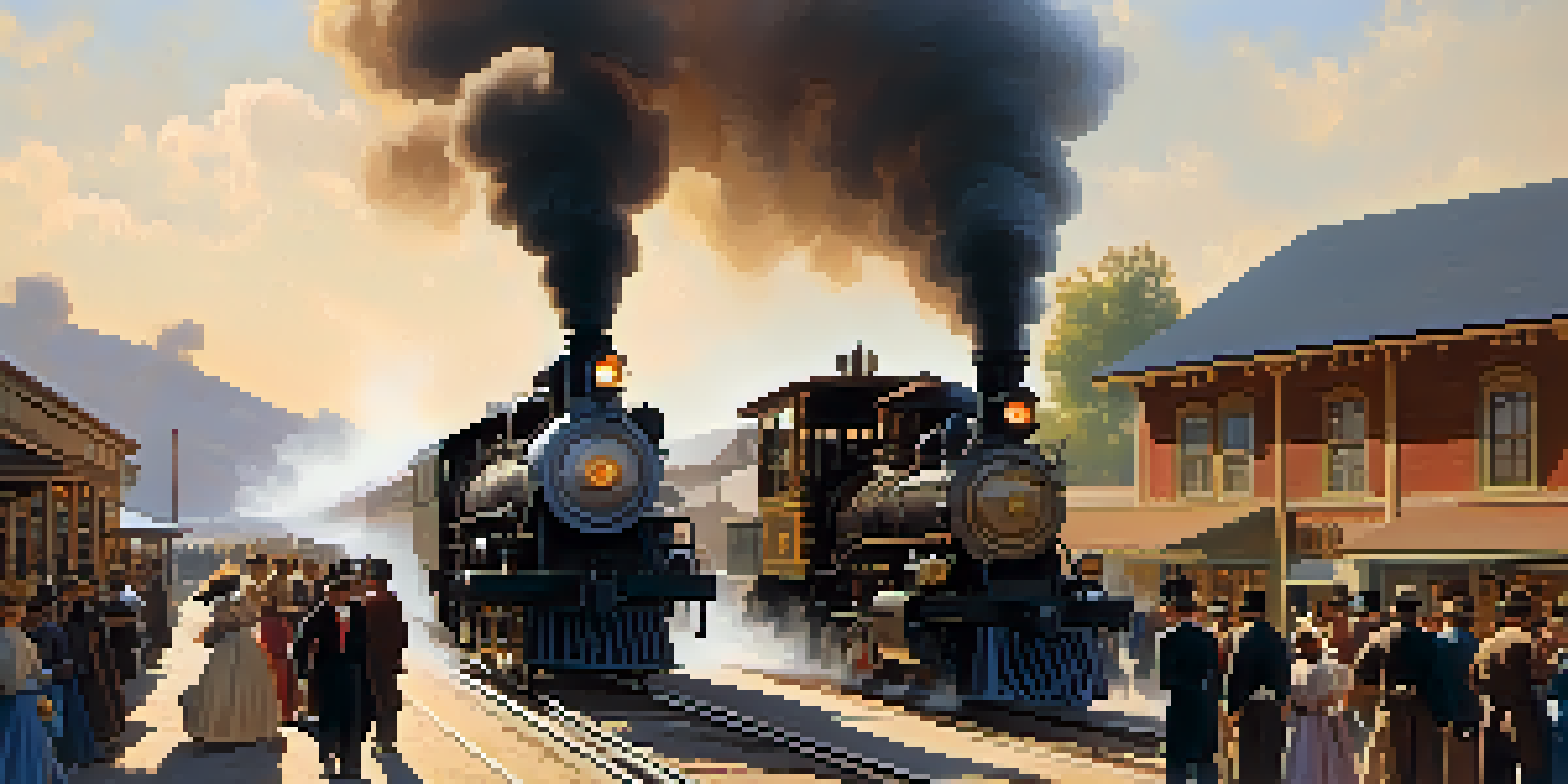 A historical scene of the Santa Fe Railroad arriving in Carlsbad, featuring a steam locomotive and townsfolk in period attire at a bustling train station.