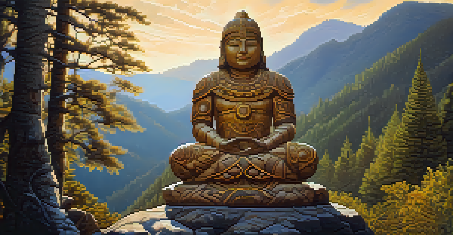 A stone carving of a guardian spirit surrounded by nature, illuminated by warm golden light.