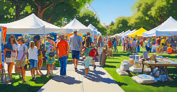 A lively community art festival in a park, featuring local artists, colorful banners, and diverse participants enjoying art.