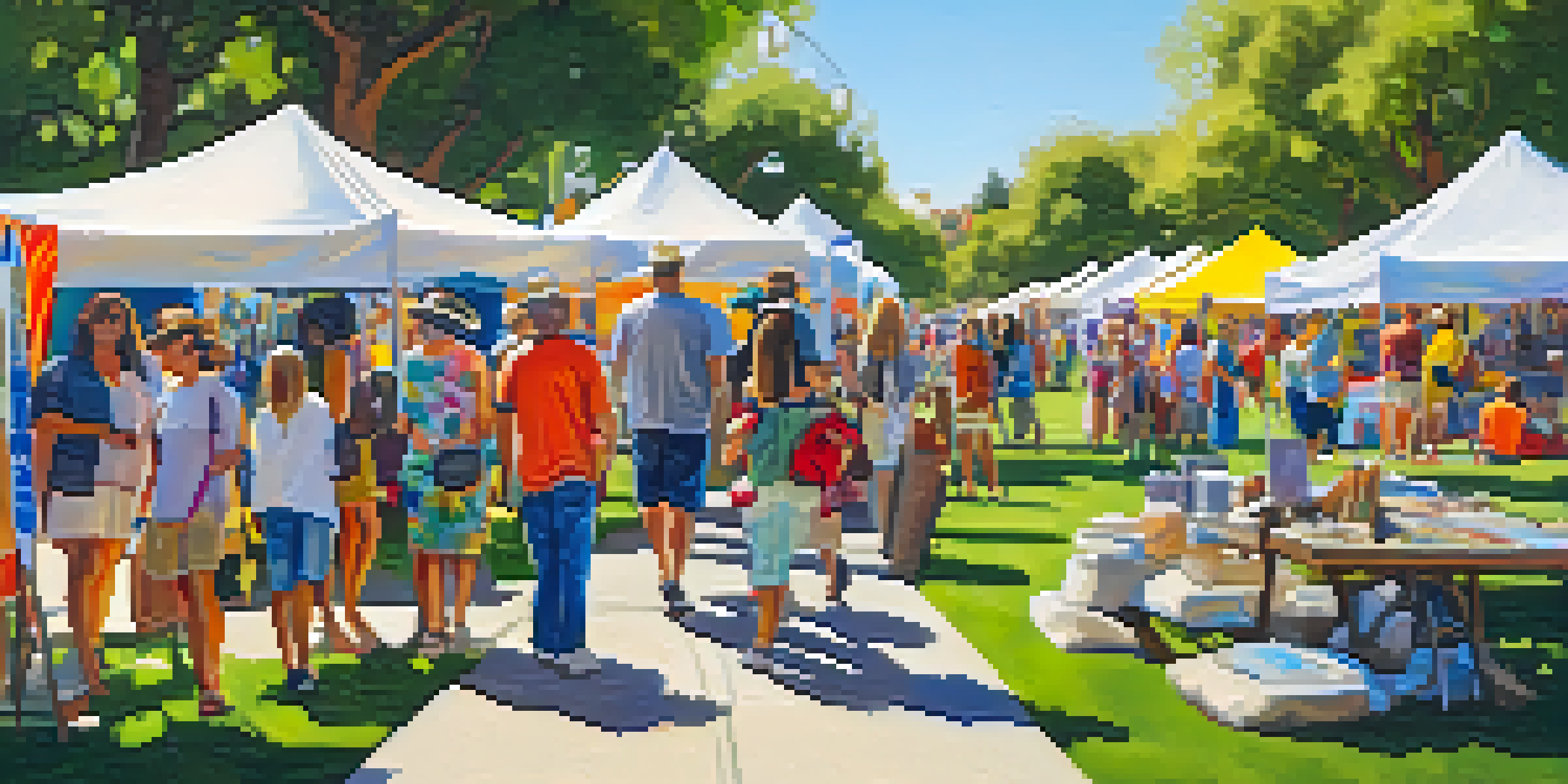 A lively community art festival in a park, featuring local artists, colorful banners, and diverse participants enjoying art.