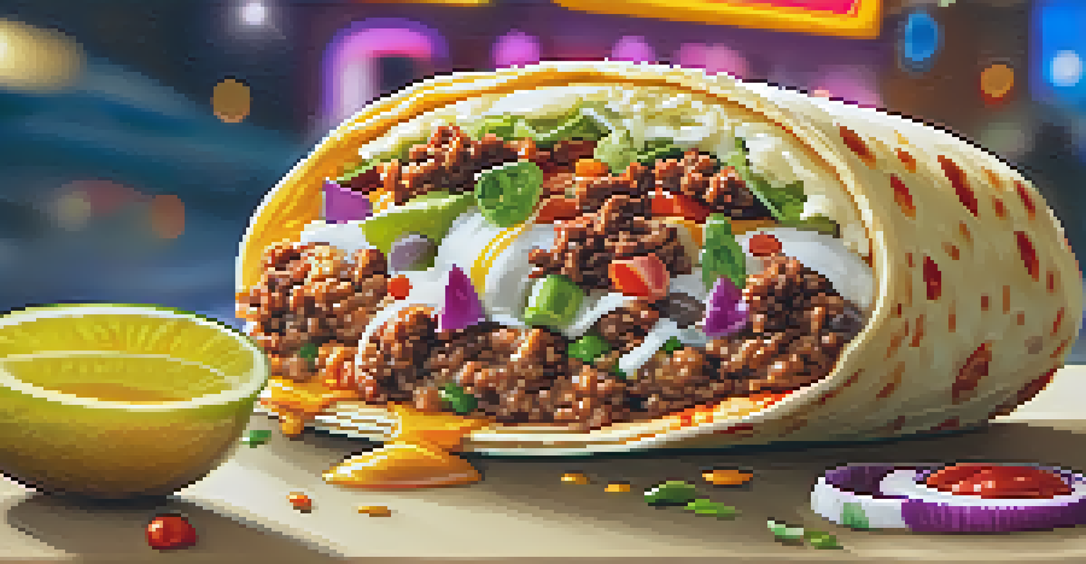 A close-up of a loaded burrito with colorful toppings, set against a blurred food truck backdrop.
