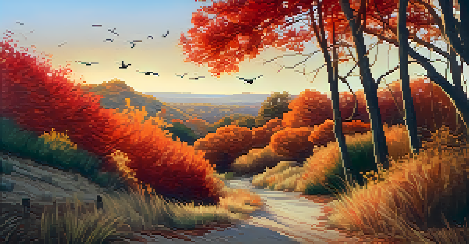 A picturesque autumn scene with colorful leaves, migratory birds in the sky, and a winding hiking trail in Carlsbad.