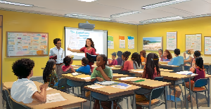 A colorful classroom where adults are learning a language, with a view of the beach outside.