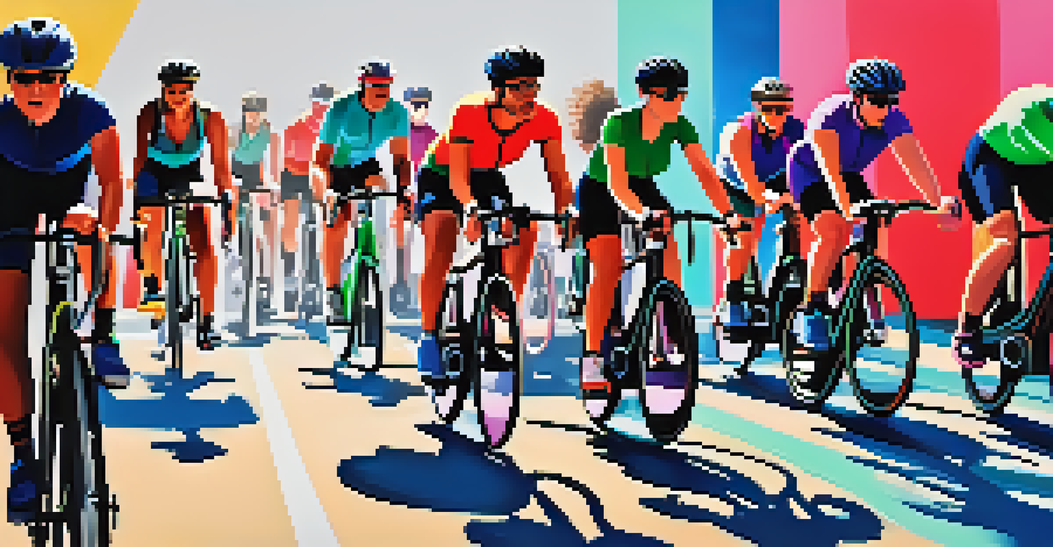 Participants in a lively group cycling class in a colorful studio, showcasing an energetic and motivating fitness environment.