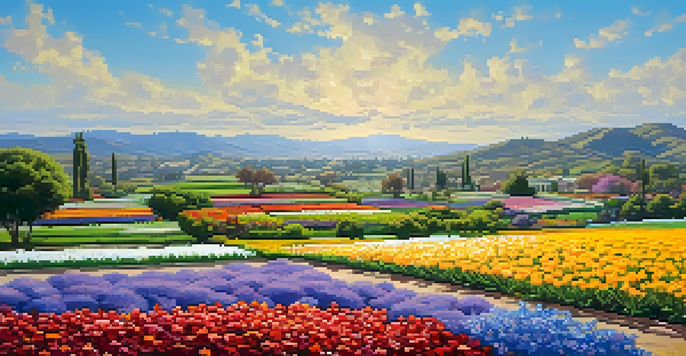 A colorful display of blooming flowers at the Carlsbad Flower Fields under a clear blue sky.