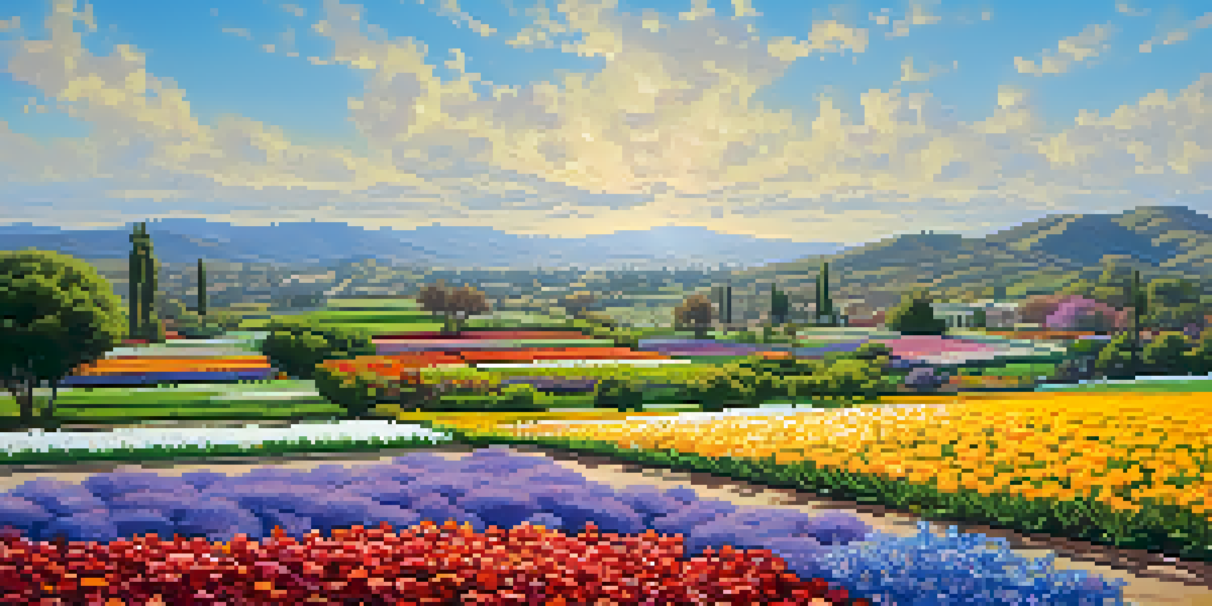 A colorful display of blooming flowers at the Carlsbad Flower Fields under a clear blue sky.