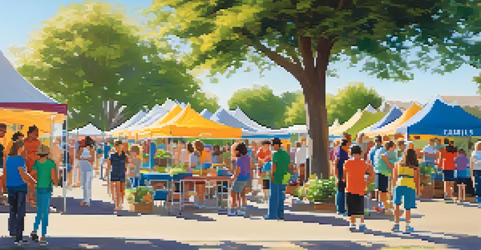 A community health fair with colorful tents, families engaging in activities, and children participating in fitness events under a bright sun.