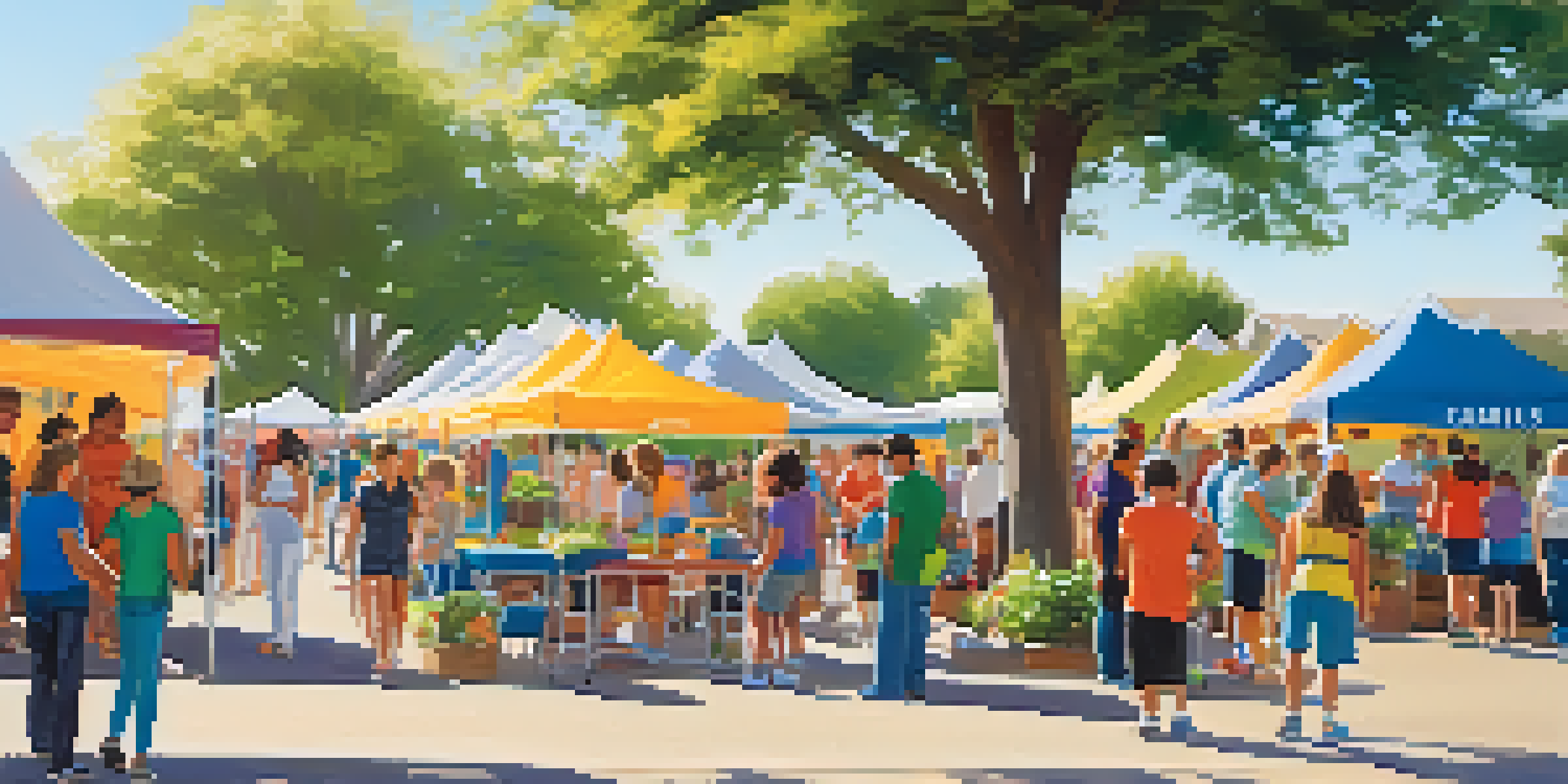 A community health fair with colorful tents, families engaging in activities, and children participating in fitness events under a bright sun.