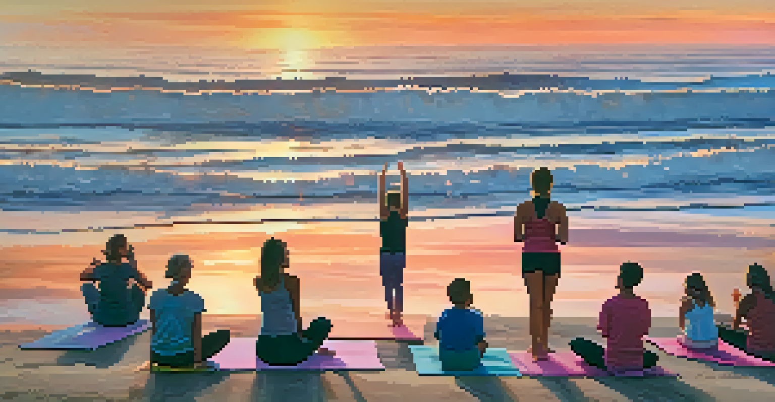 Families doing yoga on the beach at sunset with beautiful ocean waves and colorful skies.