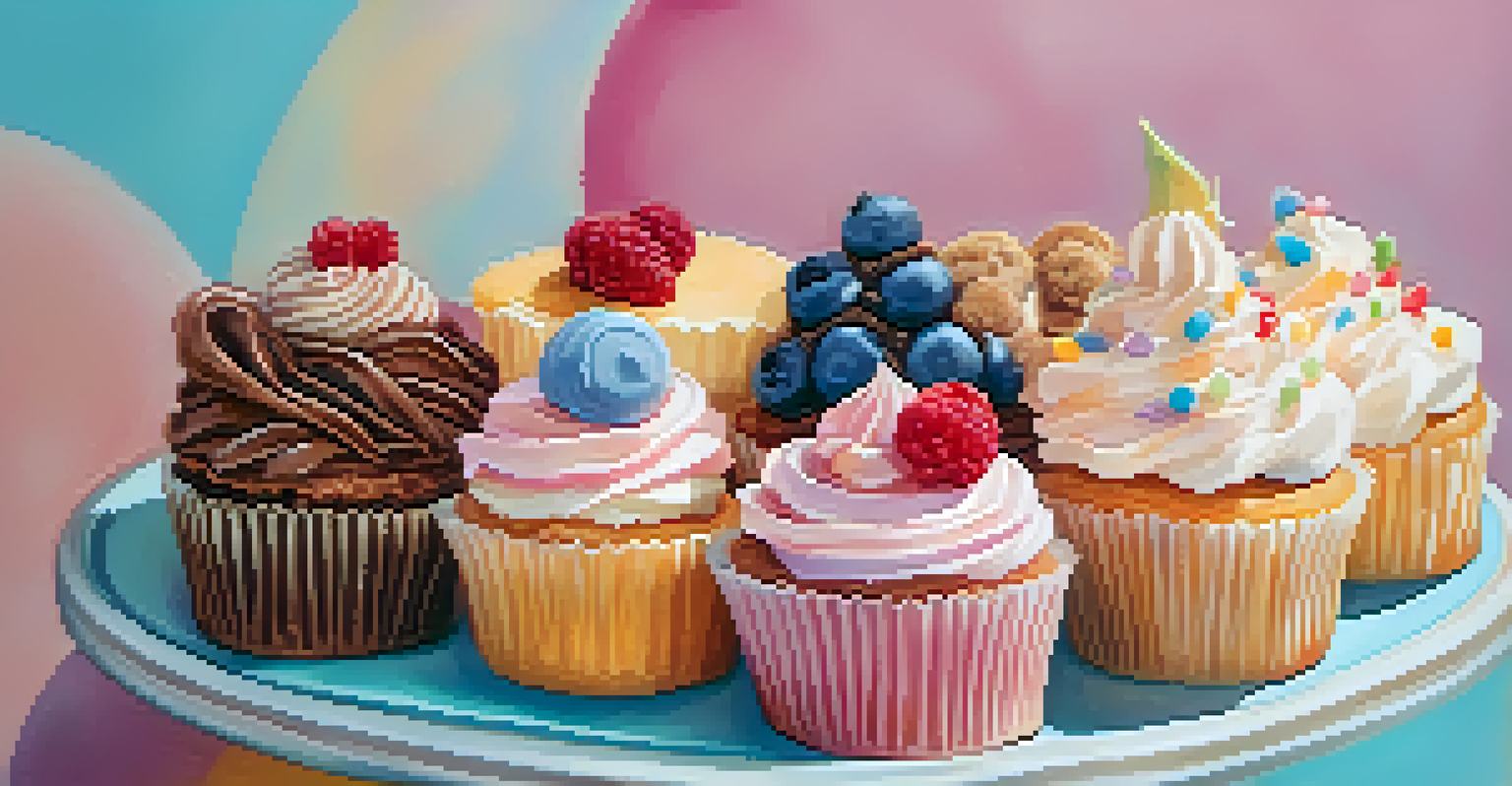 A close-up of a display of colorful vegan cupcakes and cookies in a bakery.
