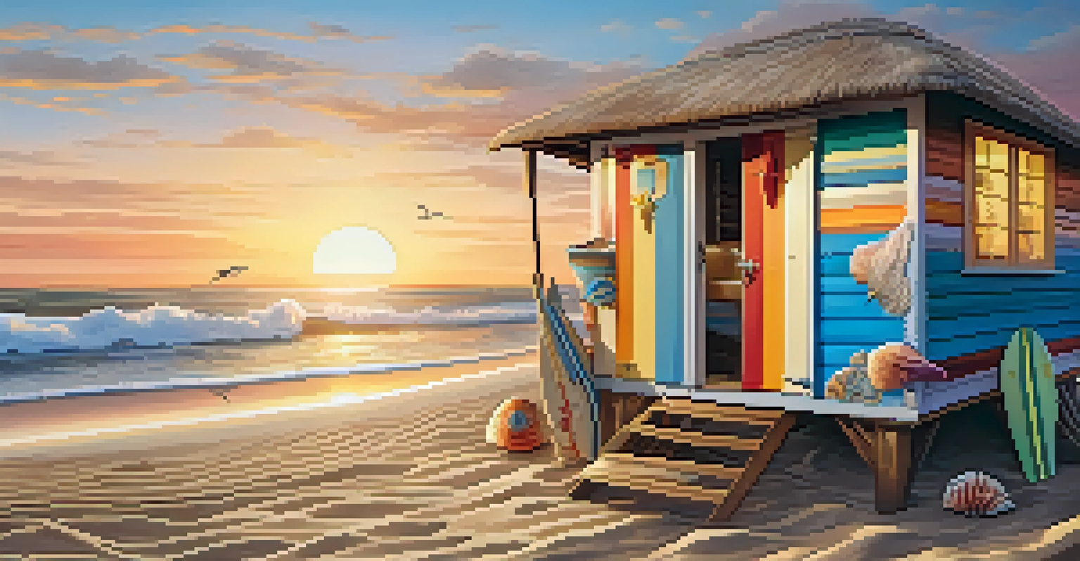 Close-up of a colorful surfboard by a beach hut during sunset, with soft sand and seashells in the foreground.