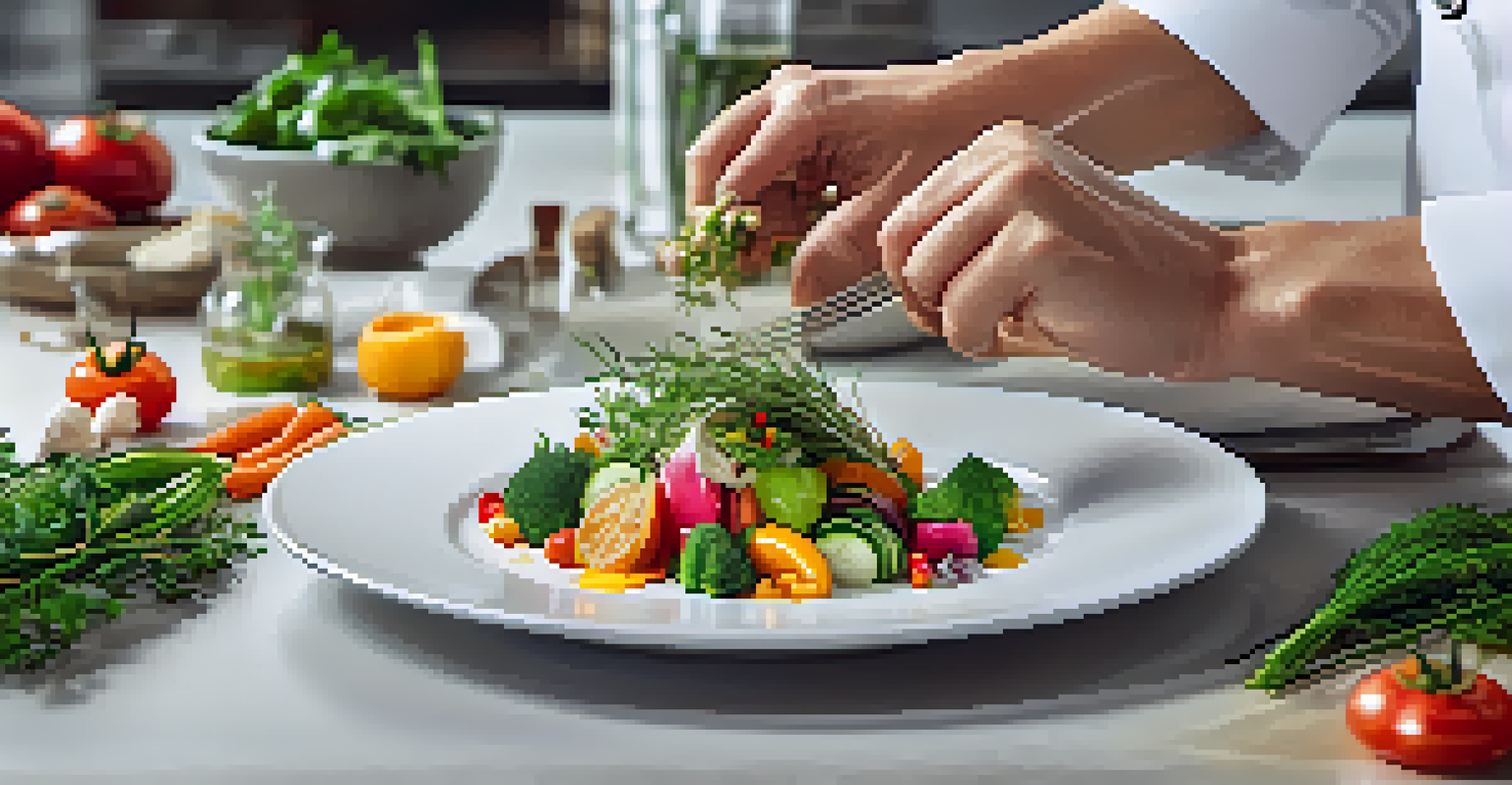 A chef's hands plating a colorful seasonal dish with fresh vegetables in a bright kitchen.