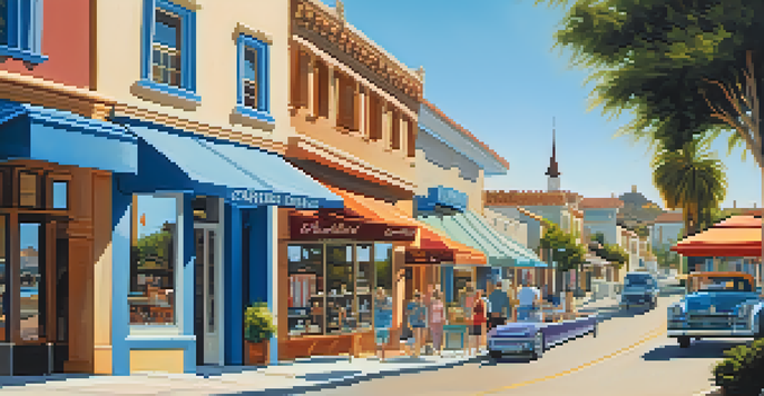 A vibrant street scene in Carlsbad Village with boutiques, cafes, and historic buildings under a clear sky.