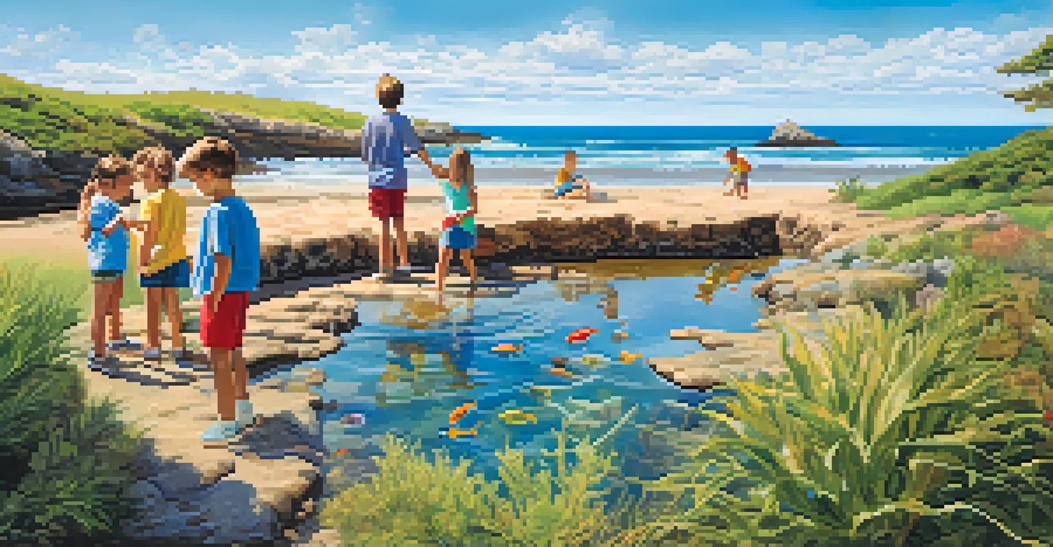 Children joyfully exploring tide pools at the Ocean Discovery Institute, discovering marine life in a beautiful outdoor setting.