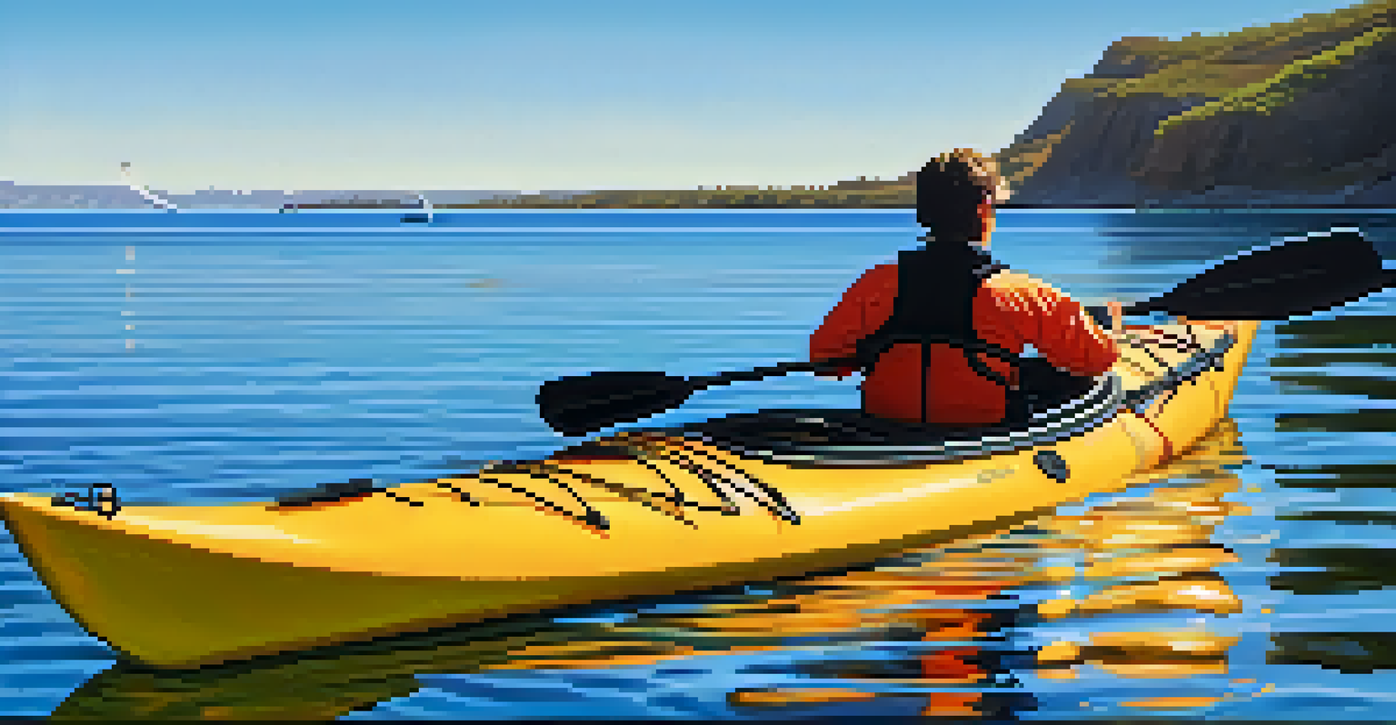 A person kayaking in the clear waters of Carlsbad, with cliffs and a dolphin in the background.