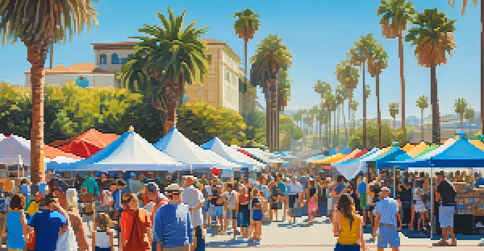 A lively outdoor art festival with colorful tents, local artists displaying their work, and visitors enjoying food and music under a clear blue sky.