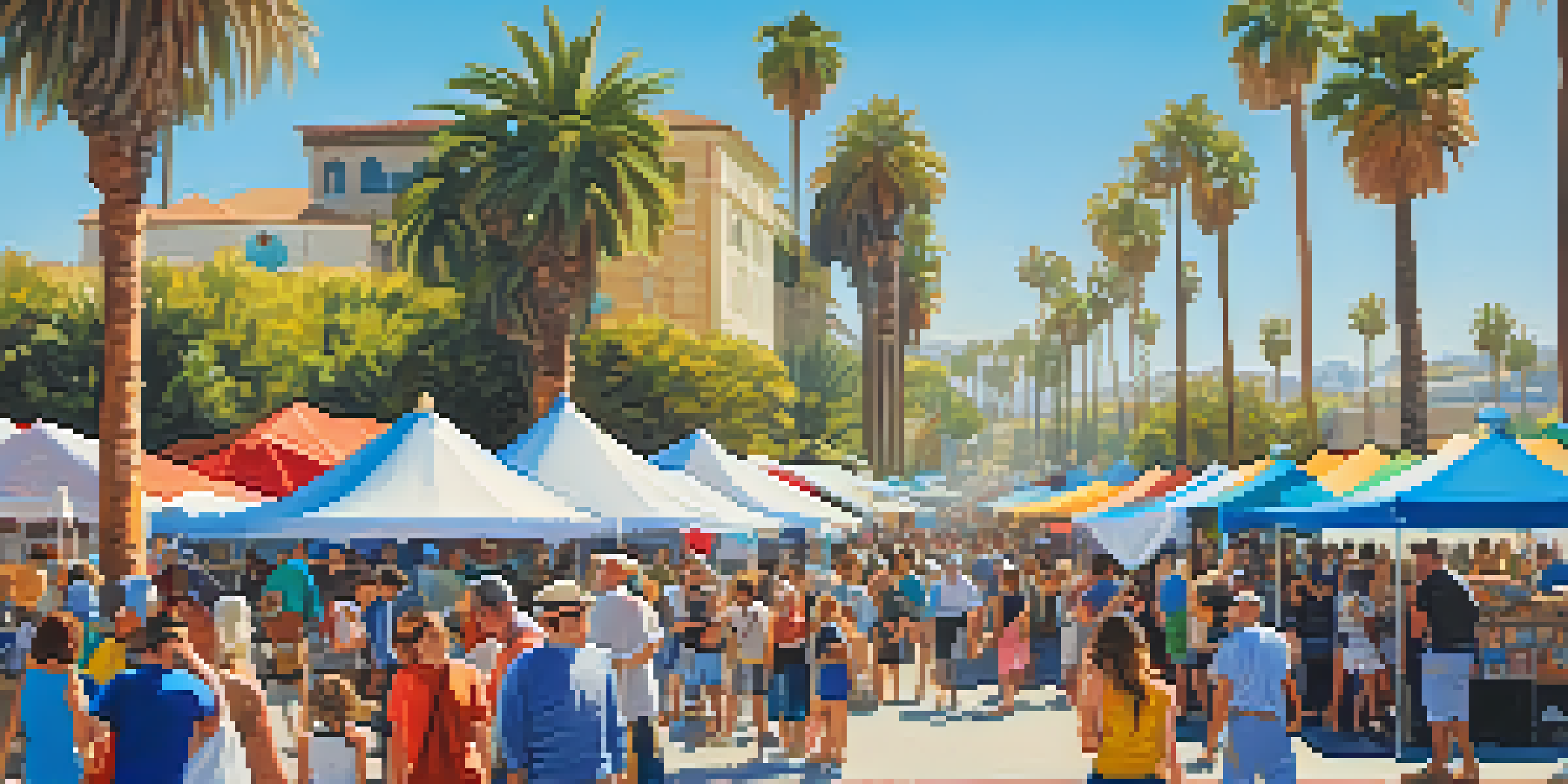 A lively outdoor art festival with colorful tents, local artists displaying their work, and visitors enjoying food and music under a clear blue sky.