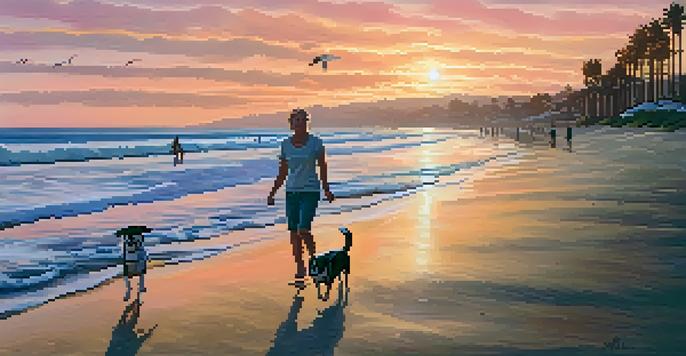 A dog joyfully running on a sandy beach at sunset, with a couple walking in the background.