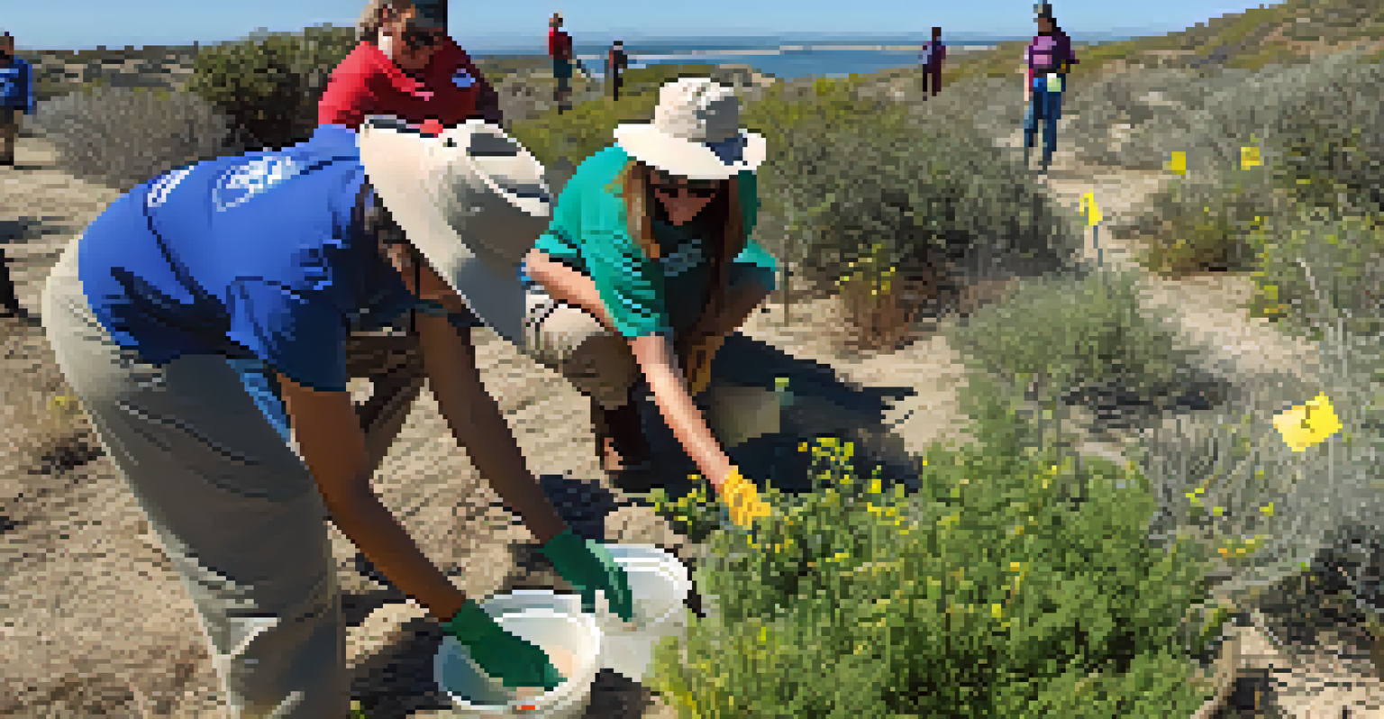 Volunteers planting native vegetation in a coastal sage scrub habitat in Carlsbad, showing community involvement in wildlife conservation under bright sunlight.